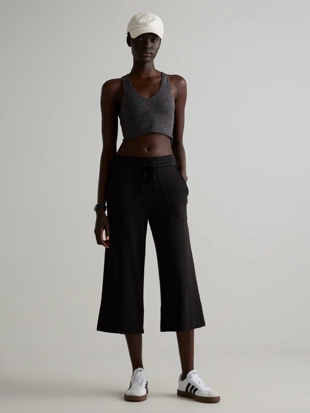 Quince Black SuperSoft Fleece Wide-Leg Cropped Drawstring Lounge Pants